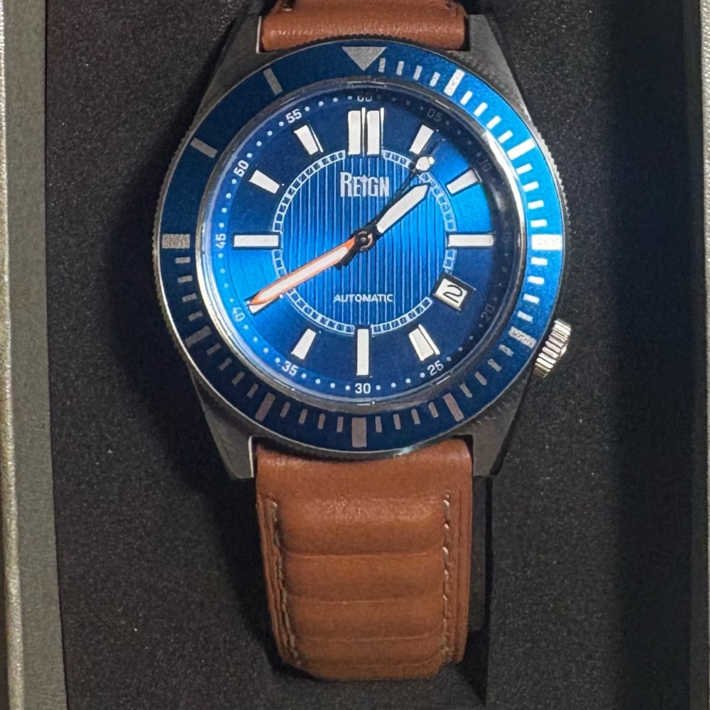 Reign Blue Dial Watch with Brown Leather Strap